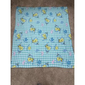 Vtg Looney Tunes Tweety Bird Blue Checkered Fleece Nursery Baby Blanket 57x50.5"